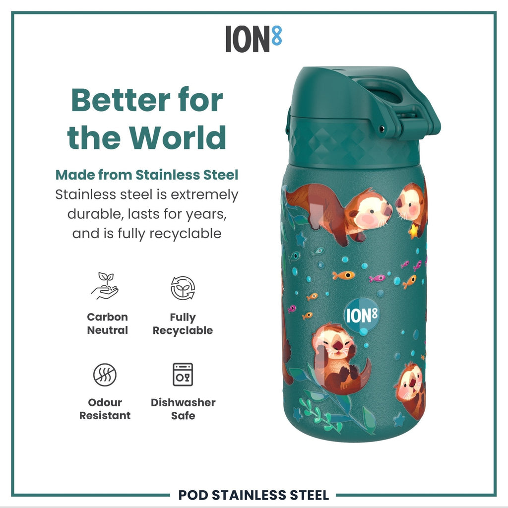 ION8 stainless steel water bottle with otters design, 400ml leak-proof kids' steel water bottle for hydration.