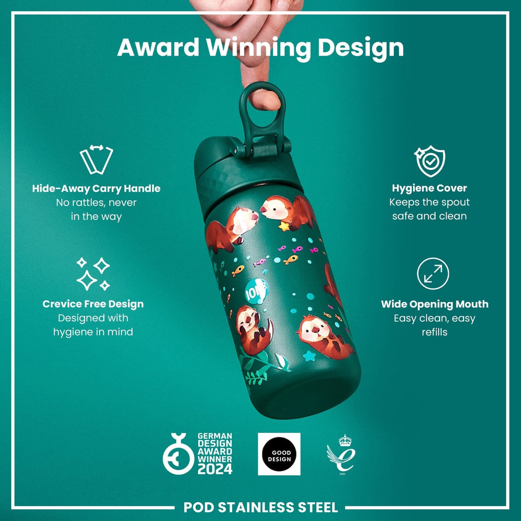 ION8 stainless steel water bottle with otters design, 400ml leak-proof kids' steel water bottle in a sleek, durable finish.