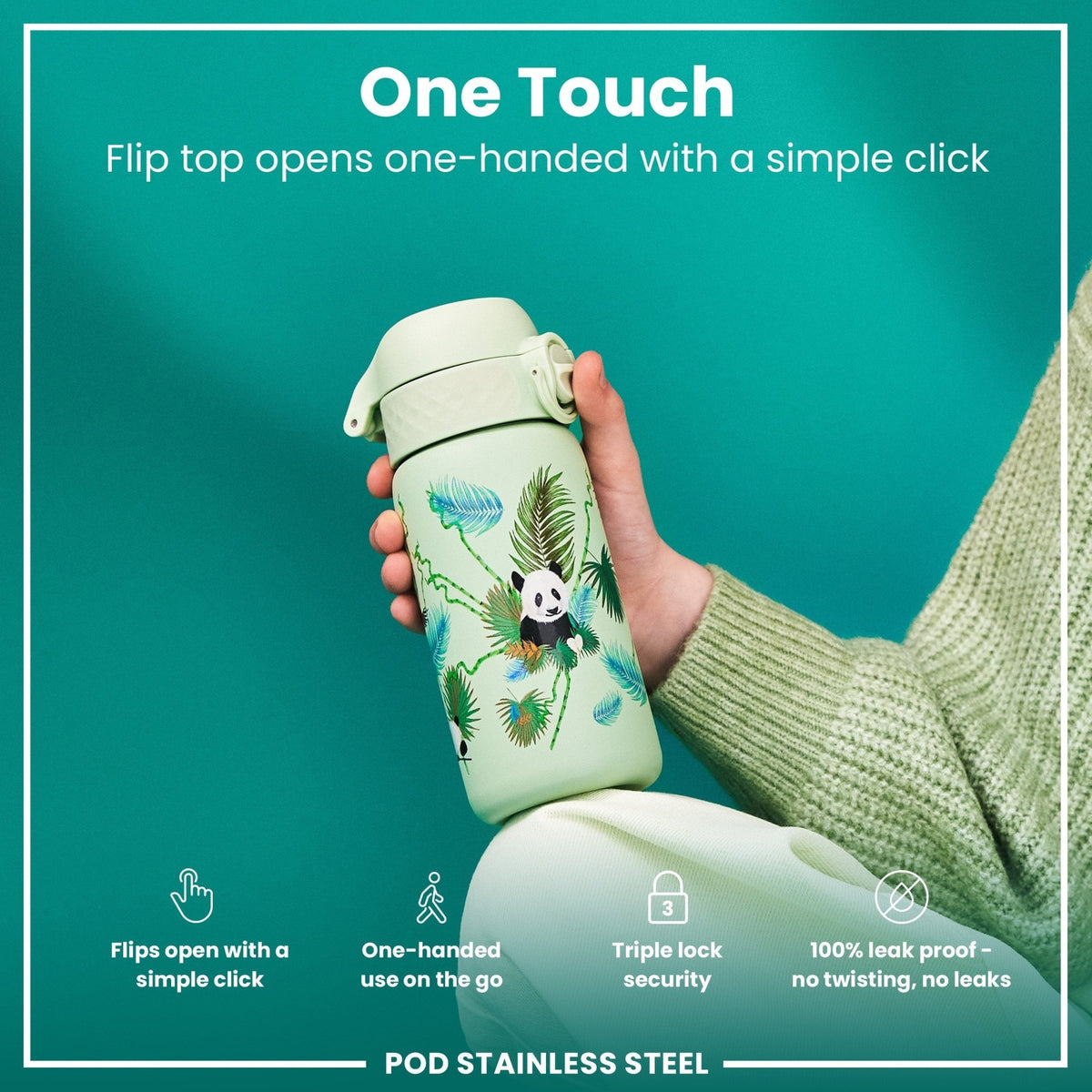 ION8 stainless steel water bottle featuring panda design, 400ml capacity, leak-proof kids' water bottle made of durable steel.