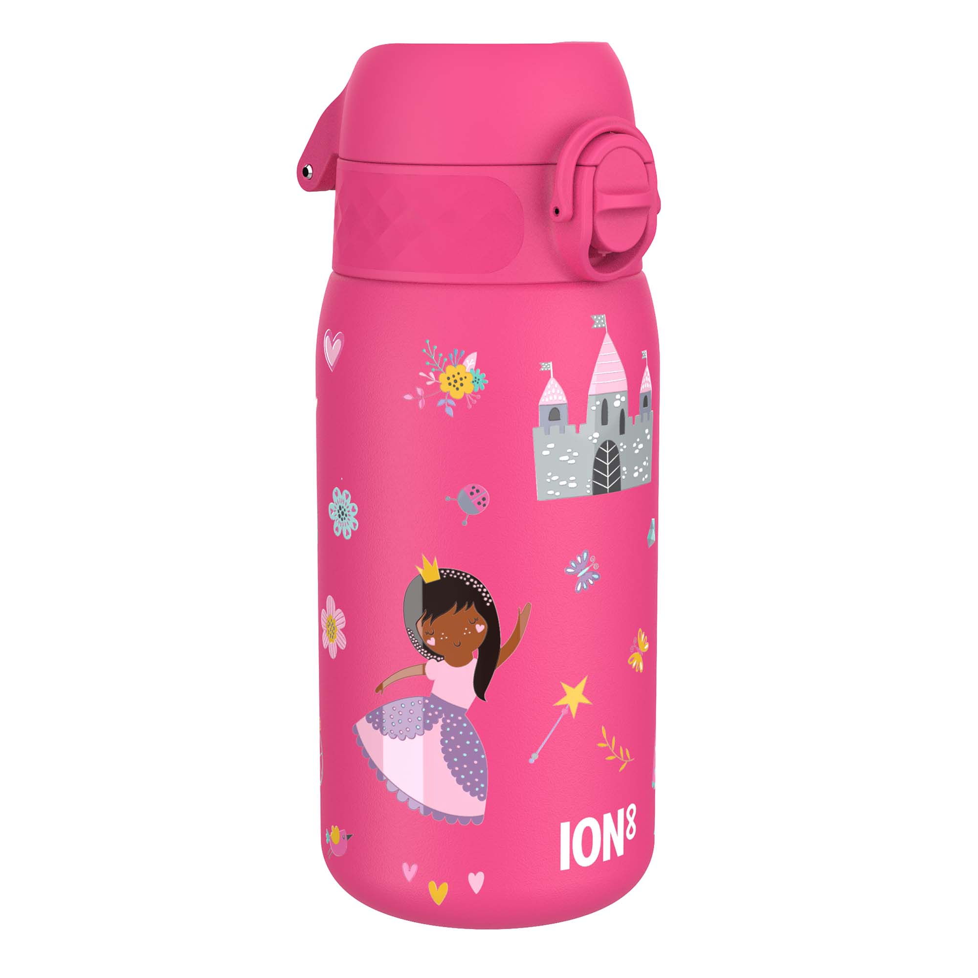 ION8 stainless steel leak-proof kids water bottle with princess design, 400ml (13oz) capacity, featuring a colorful, child-friendly theme