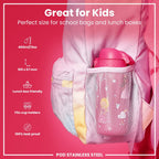 ION8 stainless steel princess water bottle, 400ml leak-proof kids' steel water bottle with colorful princess design.