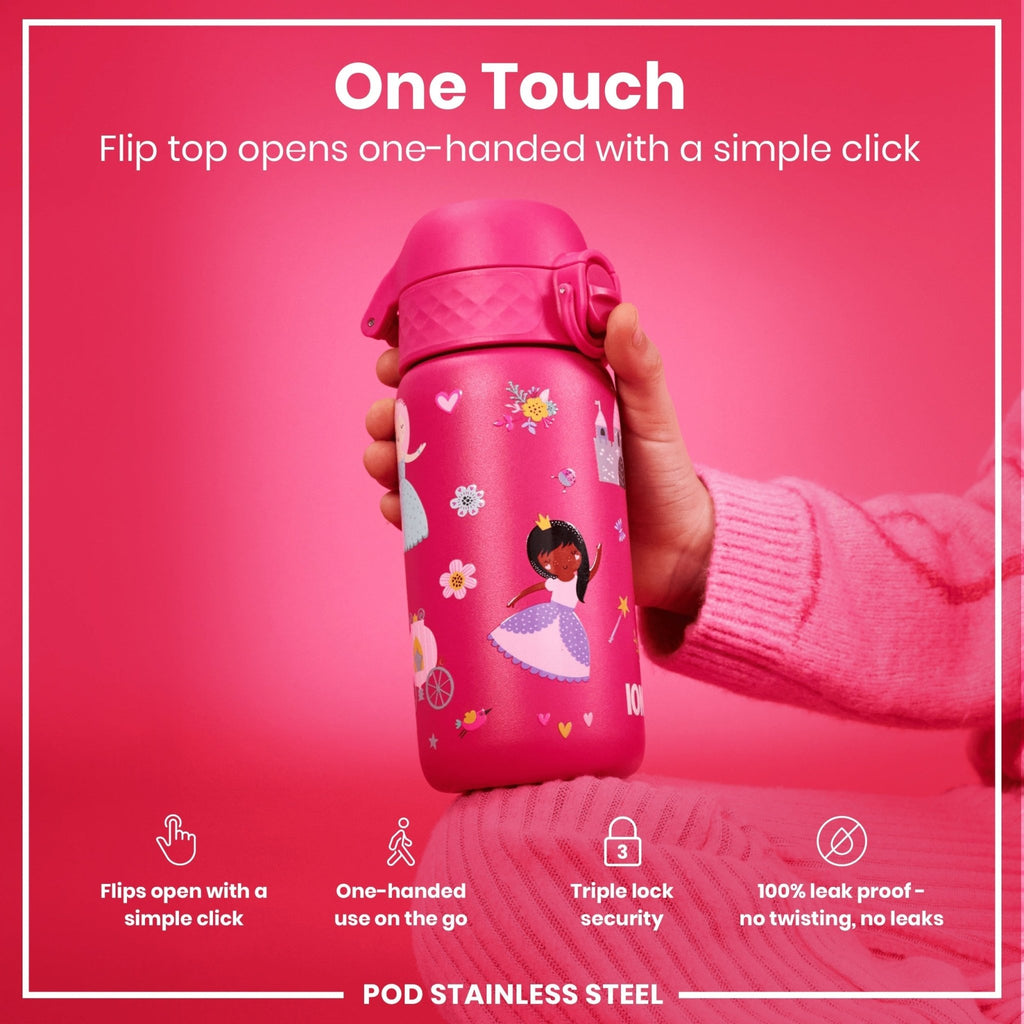 ION8 stainless steel princess water bottle, 400ml leak-proof kids' steel water bottle with a princess design.