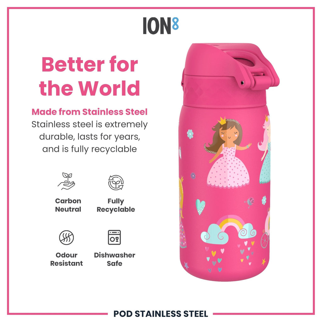 ION8 stainless steel princess water bottle, 400ml leak-proof kids' steel water bottle with colorful princess design.