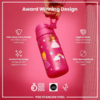 ION8 stainless steel princess water bottle, 400ml leak-proof kids' steel water bottle with colorful princess design.