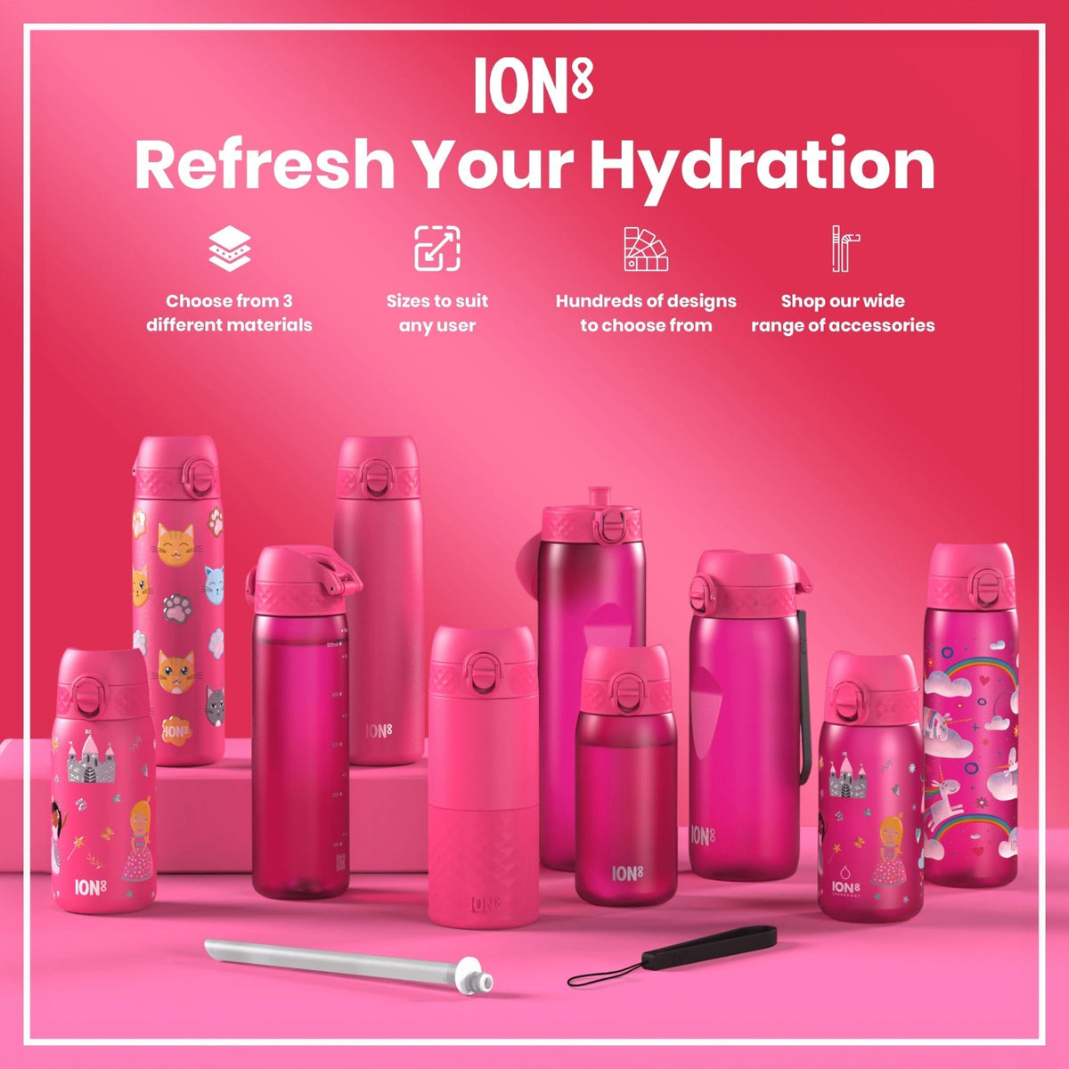 ION8 stainless steel princess water bottle, 400ml leak-proof kids bottle with colorful princess design and durable steel construction