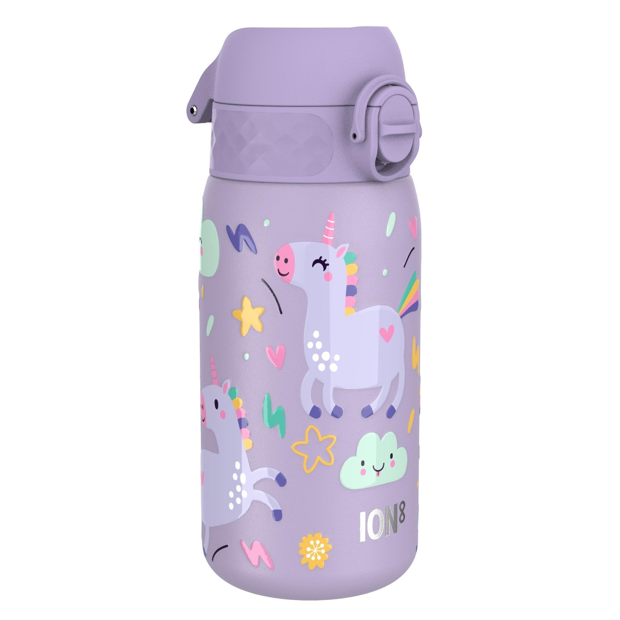 Ion8 leak-proof kids water bottle with stainless steel body, purple unicorn design, 400ml capacity, ideal for children.