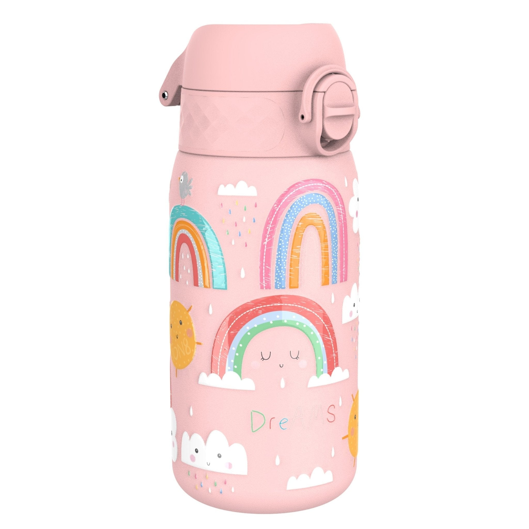 ION8 stainless steel leak-proof kids water bottle with rainbow design, 400ml capacity, perfect for active children.
