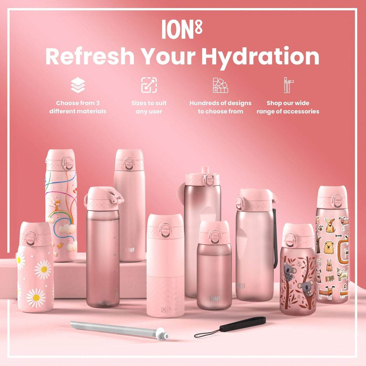 ION8 stainless steel water bottle with rainbow design, 400ml leak-proof kids' bottle, durable and eco-friendly steel hydration.
