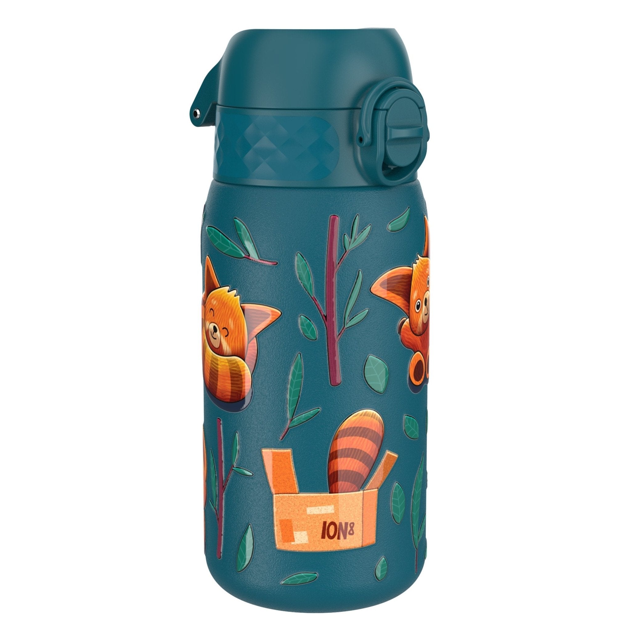 Red pandas stainless steel leak-proof kids water bottle by ION8, 400ml, durable steel with secure lid and playful panda design.