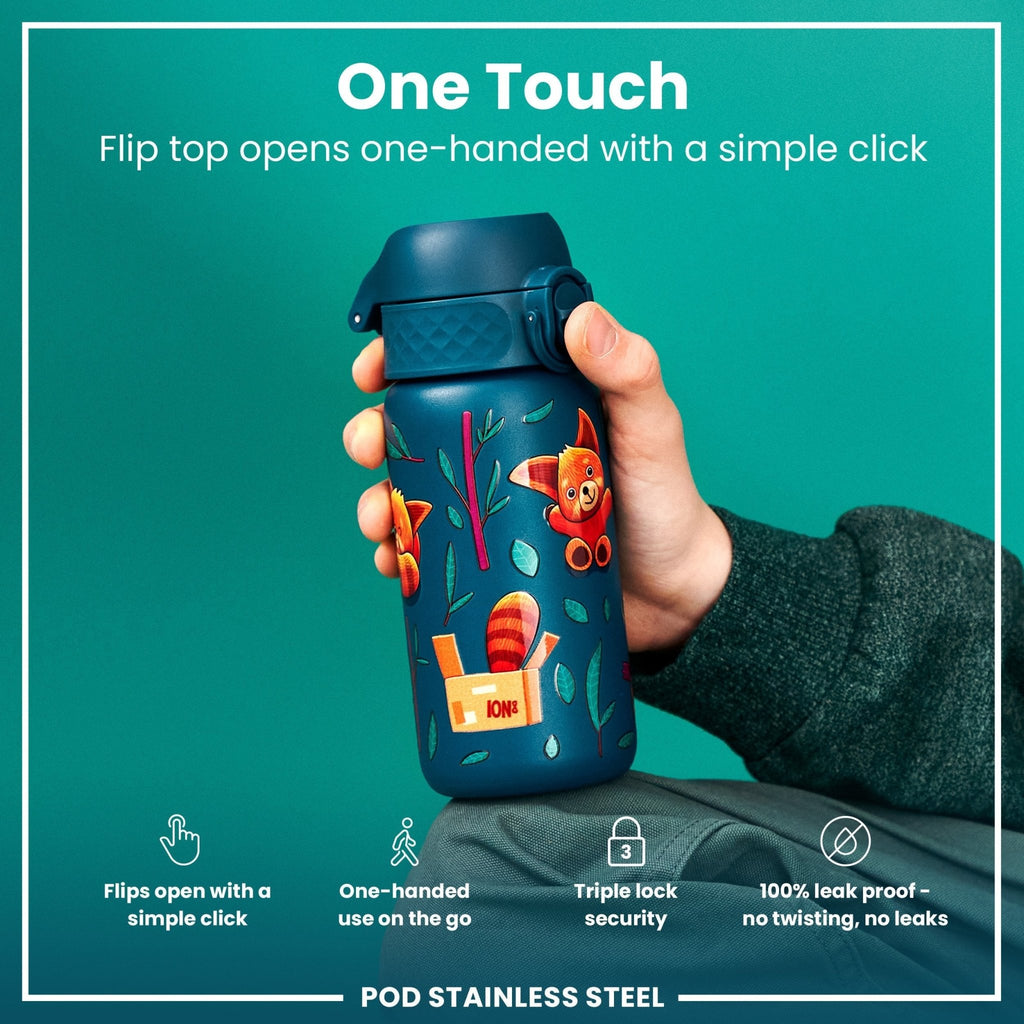 ION8 stainless steel water bottle with red pandas design, 400ml capacity, leak-proof kids' steel water bottle