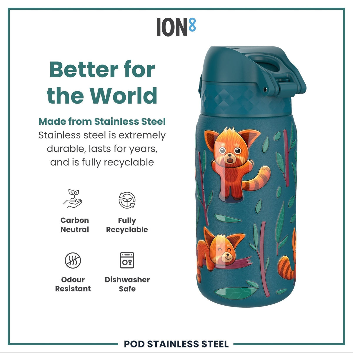 ION8 stainless steel water bottle featuring red pandas design, 400ml capacity, leak-proof kid’s water bottle in durable steel.