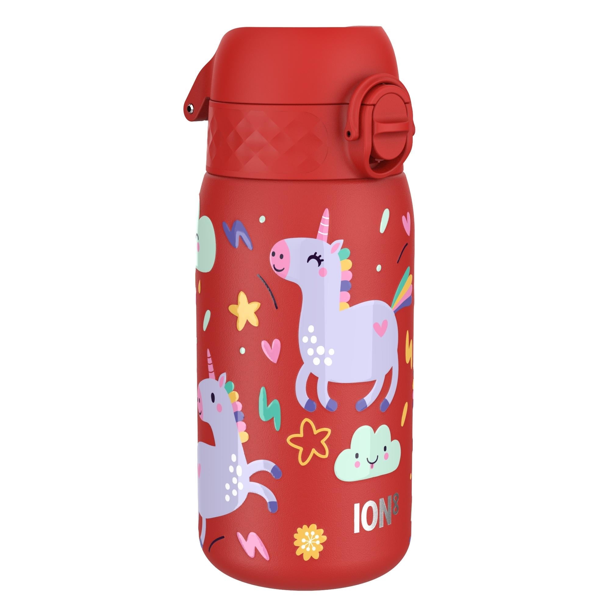 ION8 stainless steel kids water bottle with red unicorn design, leak-proof 400ml (13oz) steel water bottle for children