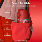 ION8 stainless steel water bottle with red unicorns design, 400ml leak-proof kids' water bottle, durable and portable.