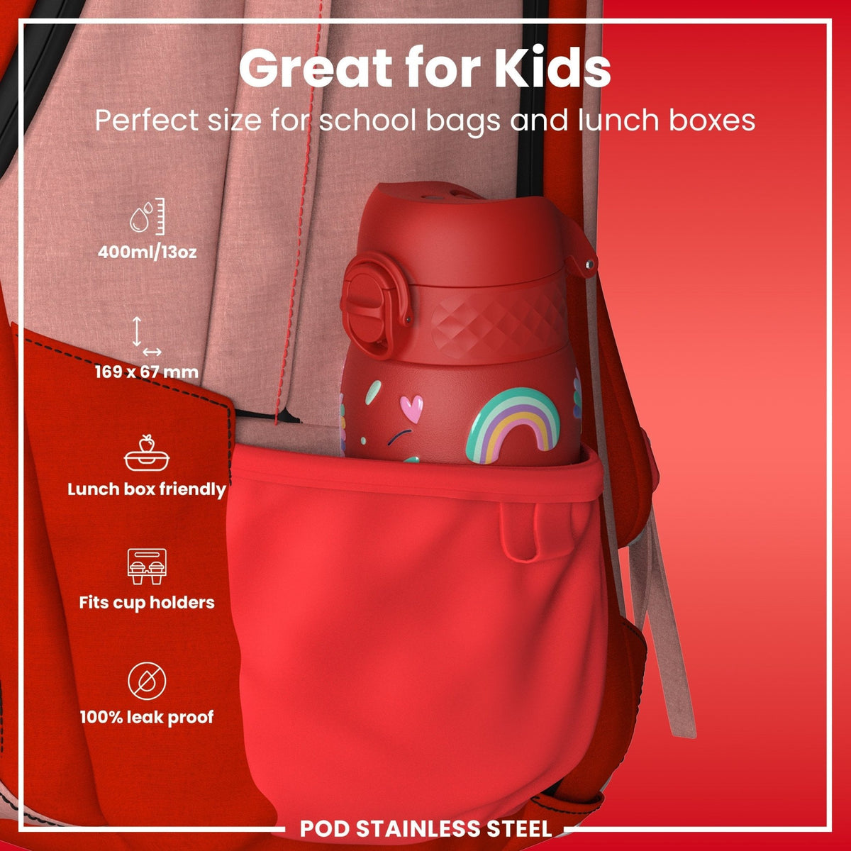 ION8 stainless steel water bottle with red unicorns design, 400ml leak-proof kids' water bottle, durable and portable.