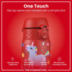 ION8 stainless steel water bottle with red unicorns design, 400ml capacity, leak-proof kids' steel water bottle.