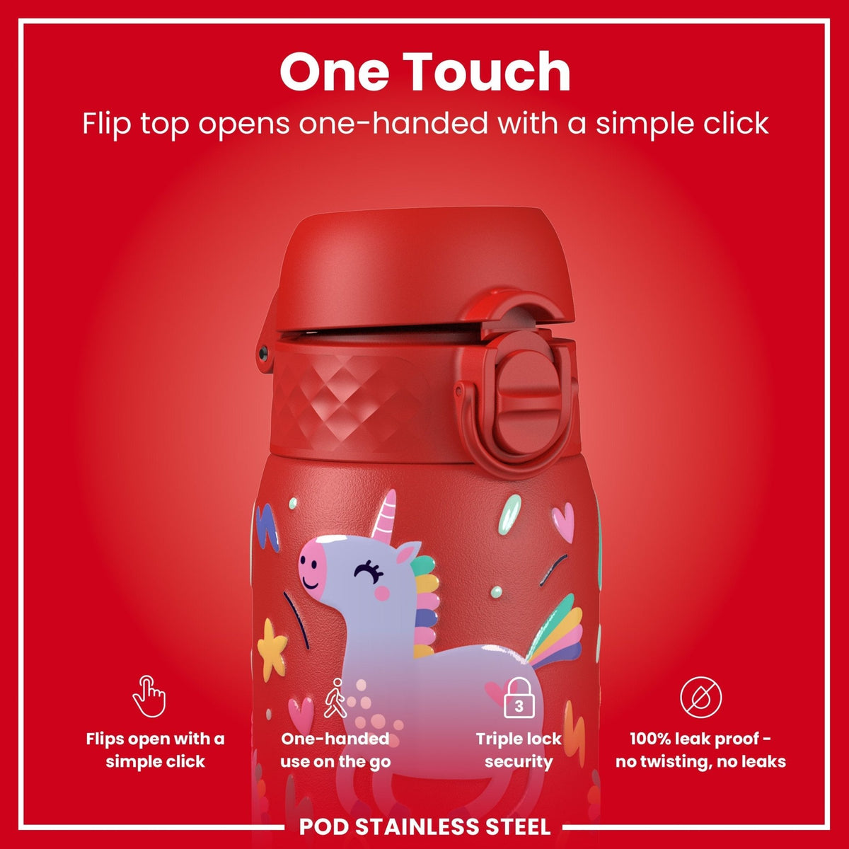 ION8 stainless steel water bottle with red unicorns design, 400ml capacity, leak-proof kids' steel water bottle.