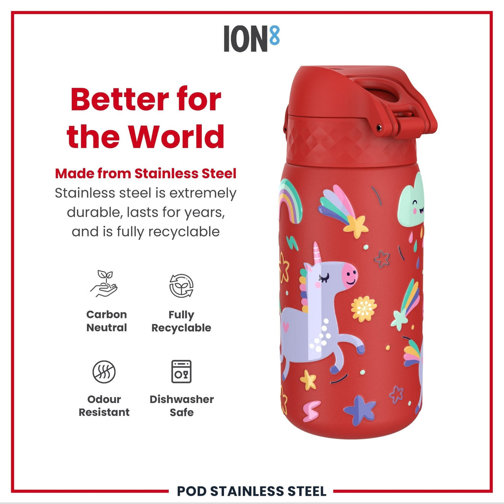 Ion8 stainless steel water bottle with red unicorns design, 400ml leak-proof kids' water bottle with durable steel construction.