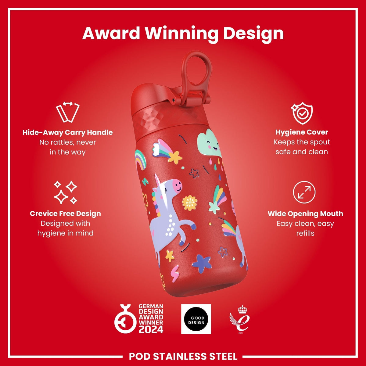 ION8 stainless steel water bottle with red unicorns design, 400ml capacity, leak-proof kids' steel water bottle