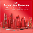 ION8 stainless steel water bottle for kids with red unicorns design, 400ml leak-proof steel water bottle for children