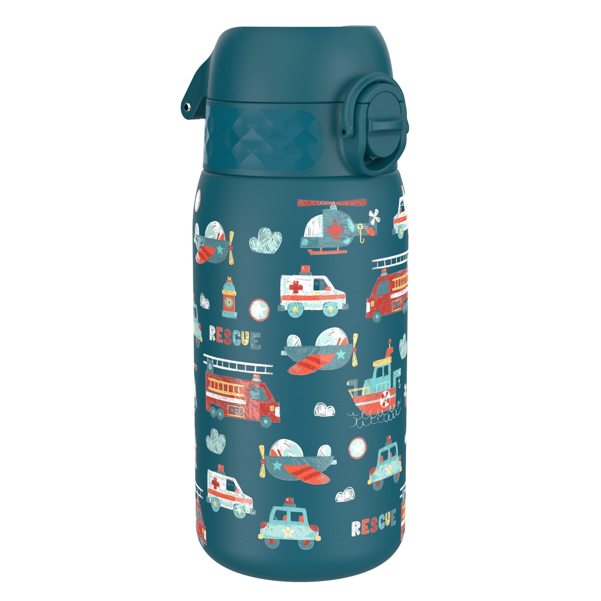 Ion8 leak-proof kids stainless steel water bottle featuring rescue vehicle design, 400ml capacity, durable and spill-resistant.