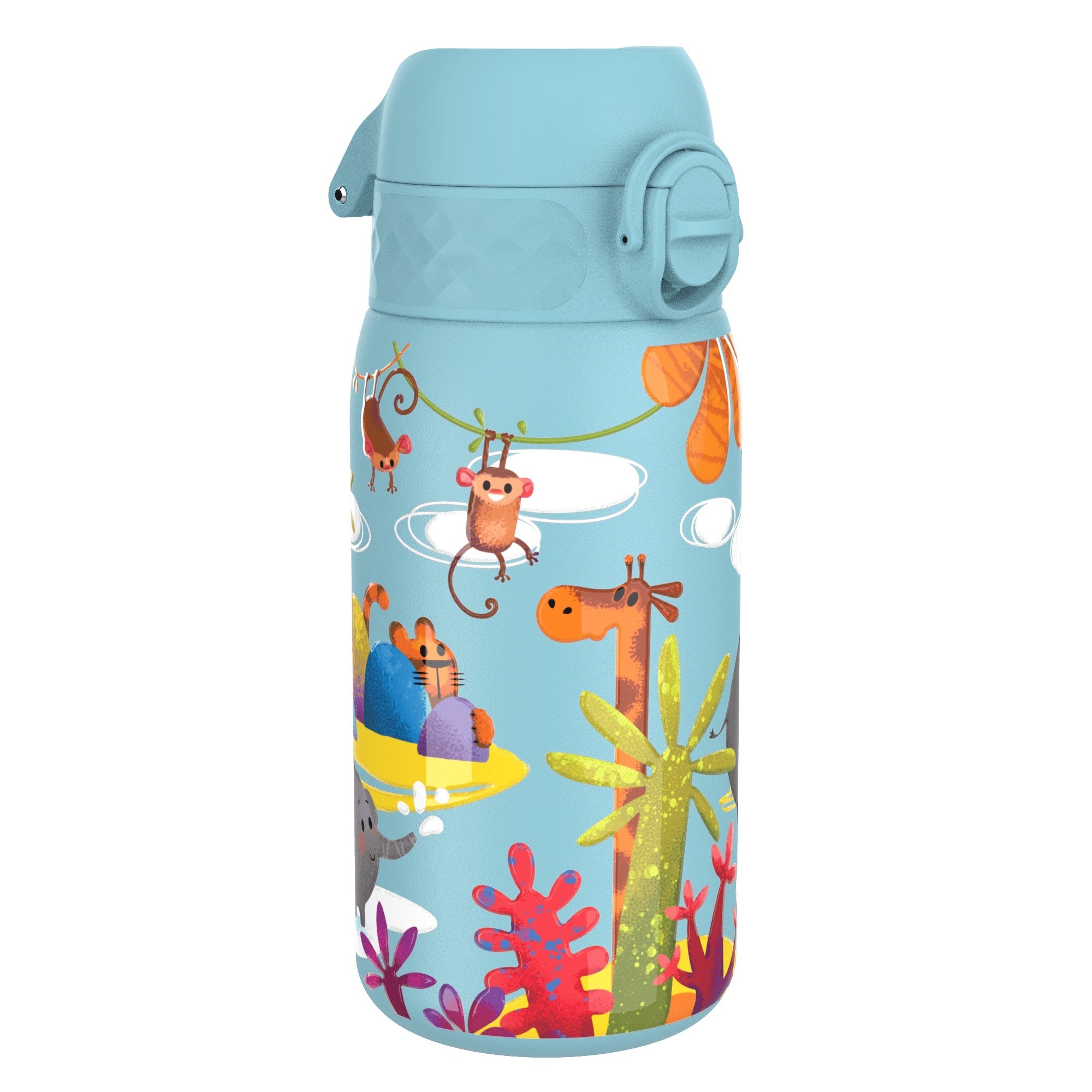 Leak-proof kids water bottle by ION8, stainless steel safari-themed design, 400ml capacity with a secure lid and colorful pattern.