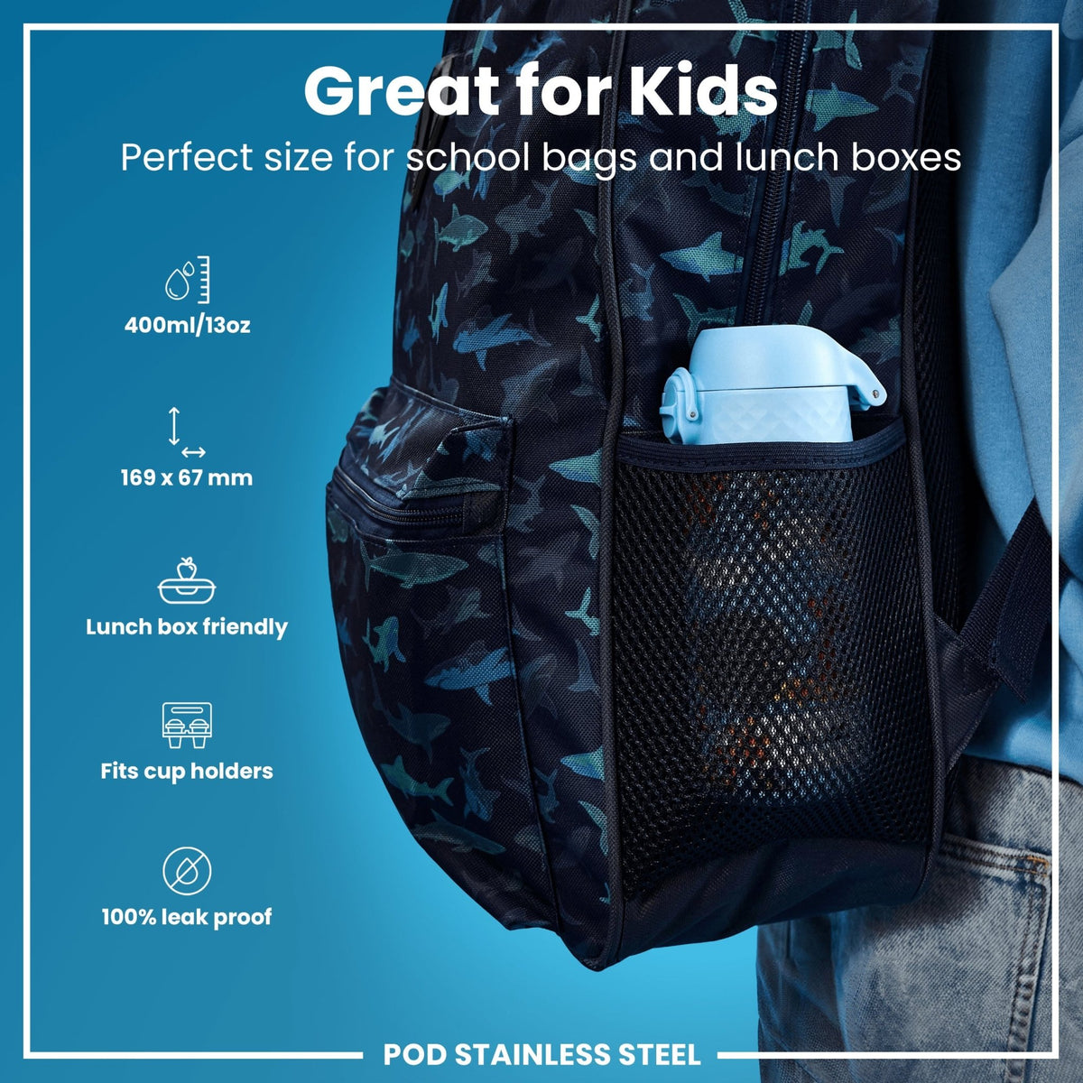 ION8 stainless steel Safari 400ml water bottle for kids, leak-proof, durable, with a playful animal design.