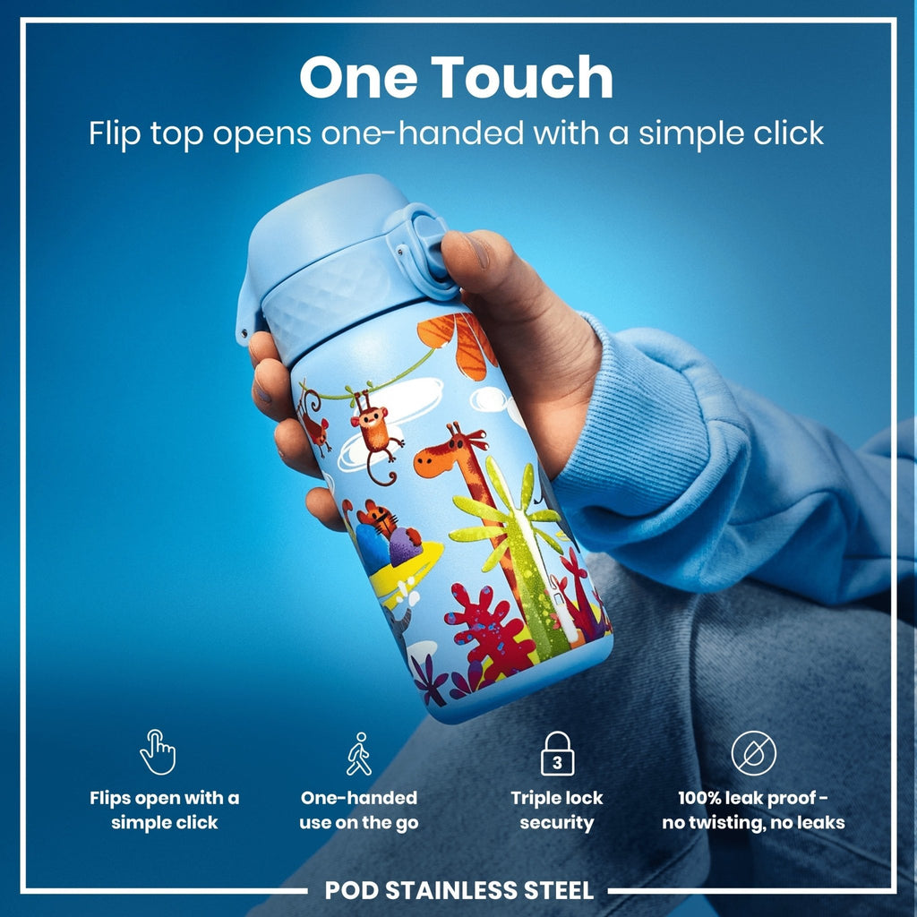 Ion8 stainless steel Safari 400ml kids water bottle with leak-proof design and durable steel construction.