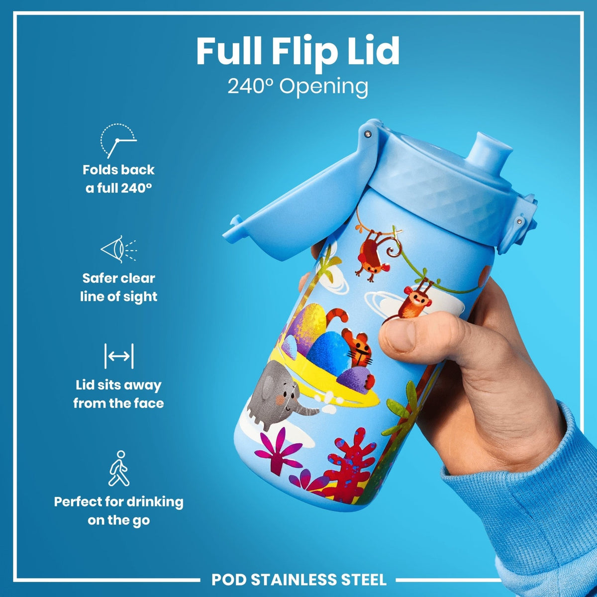 ION8 stainless steel Safari 400ml water bottle for kids, leak-proof design with a colorful safari-themed exterior.