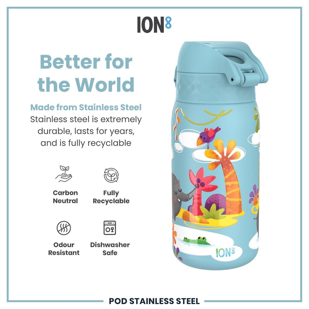 Ion8 stainless steel Safari 400ml leak-proof water bottle for kids, featuring a colorful safari animal design.