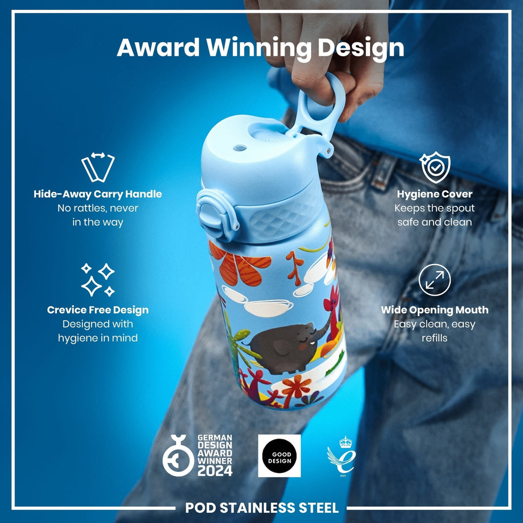 ION8 stainless steel Safari water bottle, 400ml, leak-proof kids' steel water bottle with colorful safari design.