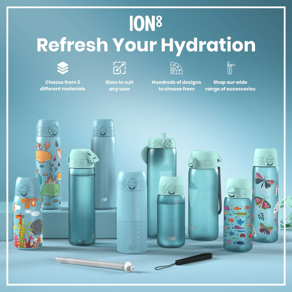 ION8 Stainless Steel Safari 400ml kids water bottle with leak-proof design and durable stainless steel construction.