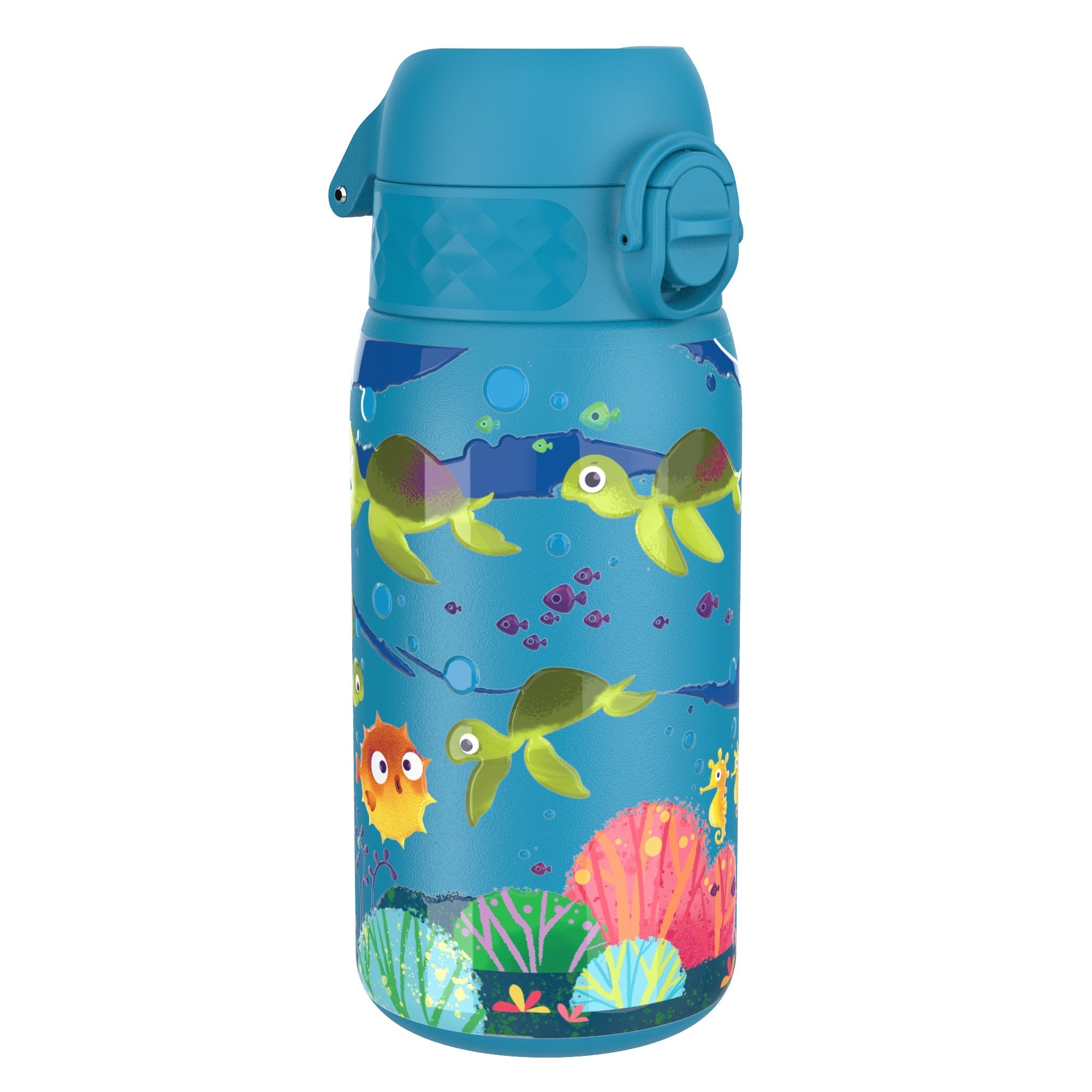 Stainless steel leak-proof kids water bottle with sea turtle design, 400ml capacity, by ION8, shown with colorful cap and bottle body.