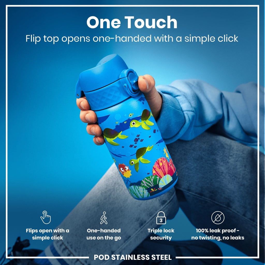 ION8 stainless steel water bottle with sea turtle design, 400ml capacity, leak-proof kids' steel water bottle.