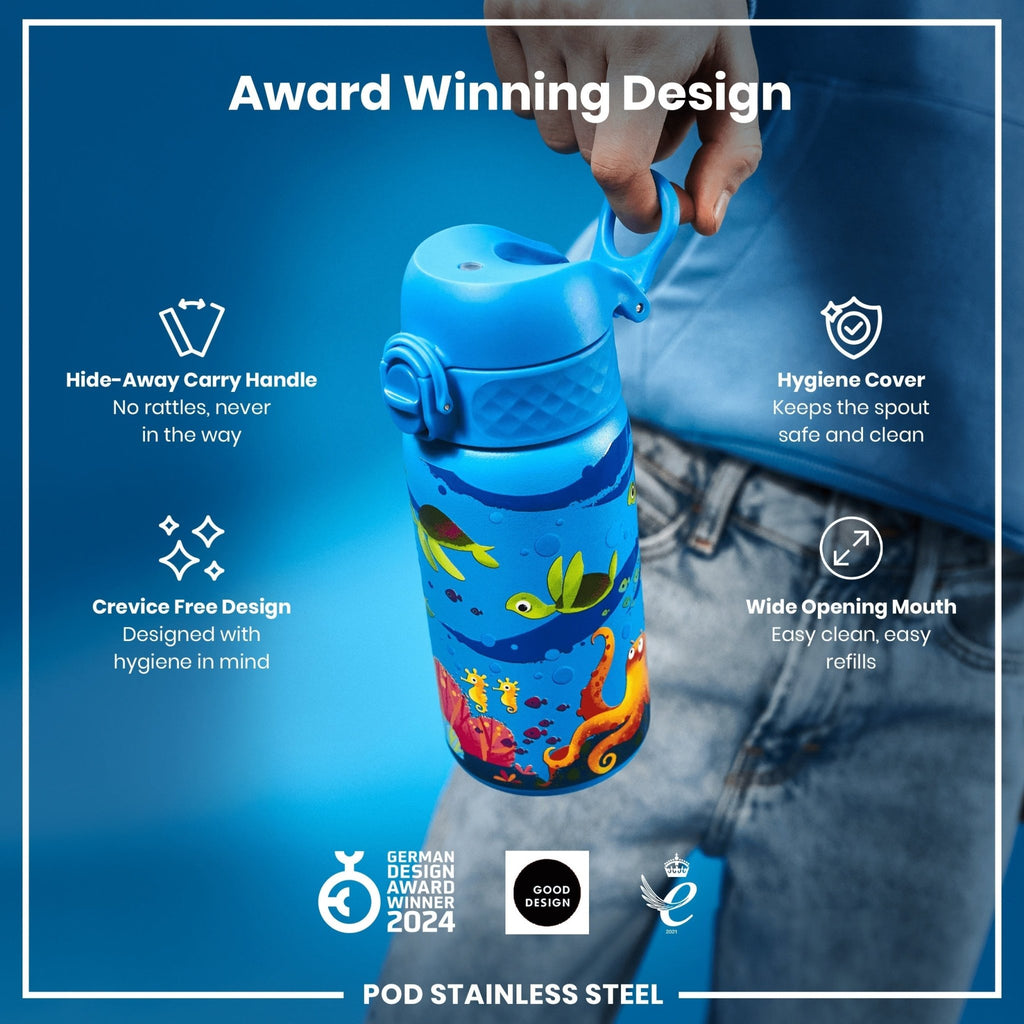 ION8 stainless steel water bottle featuring a sea turtle design, 400ml capacity, leak-proof, ideal for kids.
