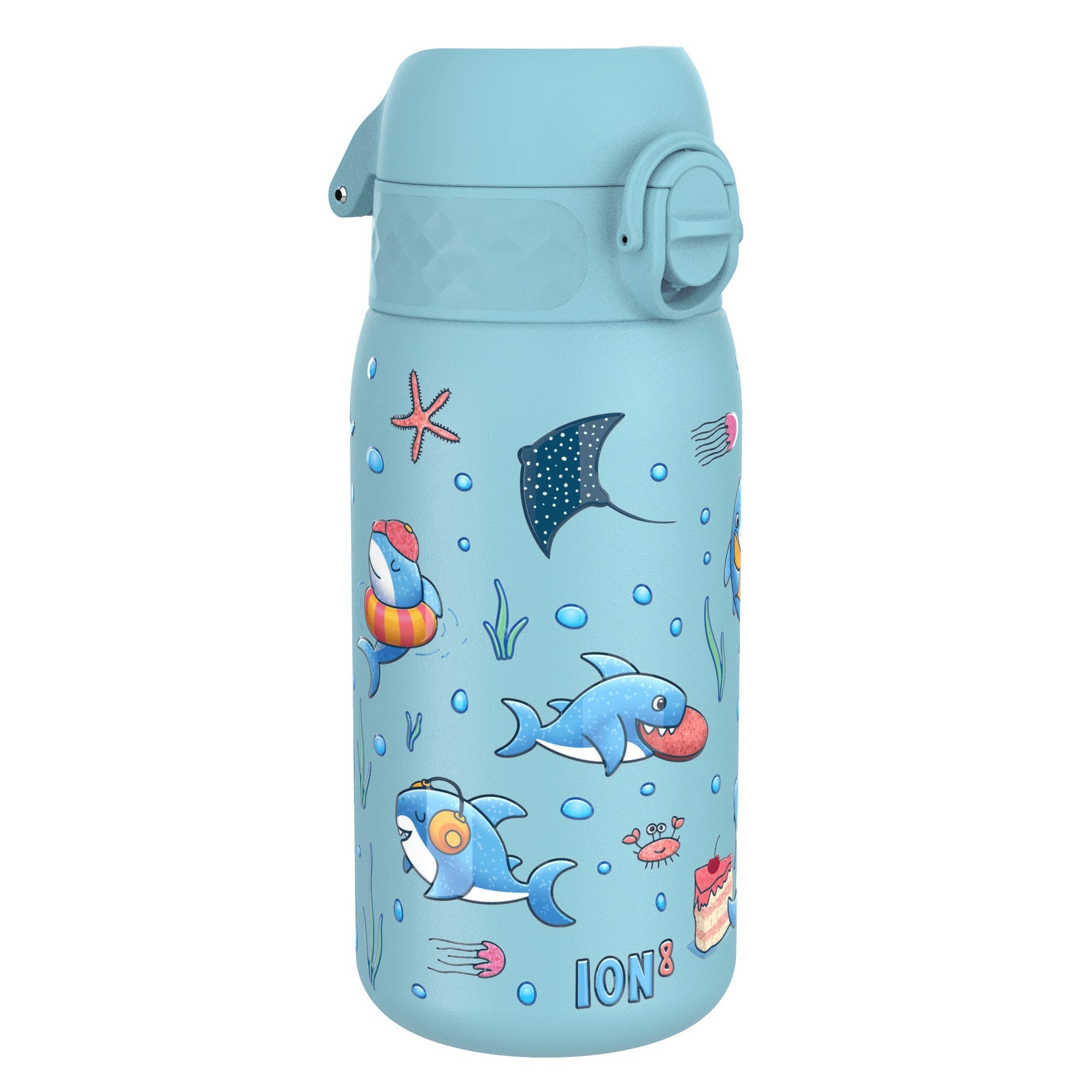 ION8 stainless steel kids water bottle featuring a shark design, leak-proof, 400ml capacity, suitable for children.