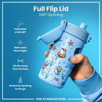 Stainless steel ION8 Sharks 400ml leak-proof water bottle for kids with a fun shark design and durable construction.