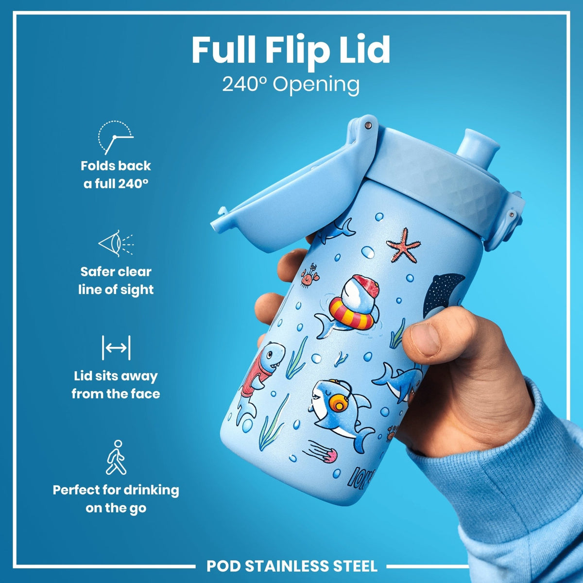 Stainless steel ION8 Sharks 400ml leak-proof water bottle for kids with a fun shark design and durable construction.