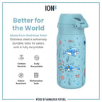 Ion8 stainless steel water bottle featuring shark design, 400ml capacity, leak-proof, ideal for kids' durable steel water bottles.