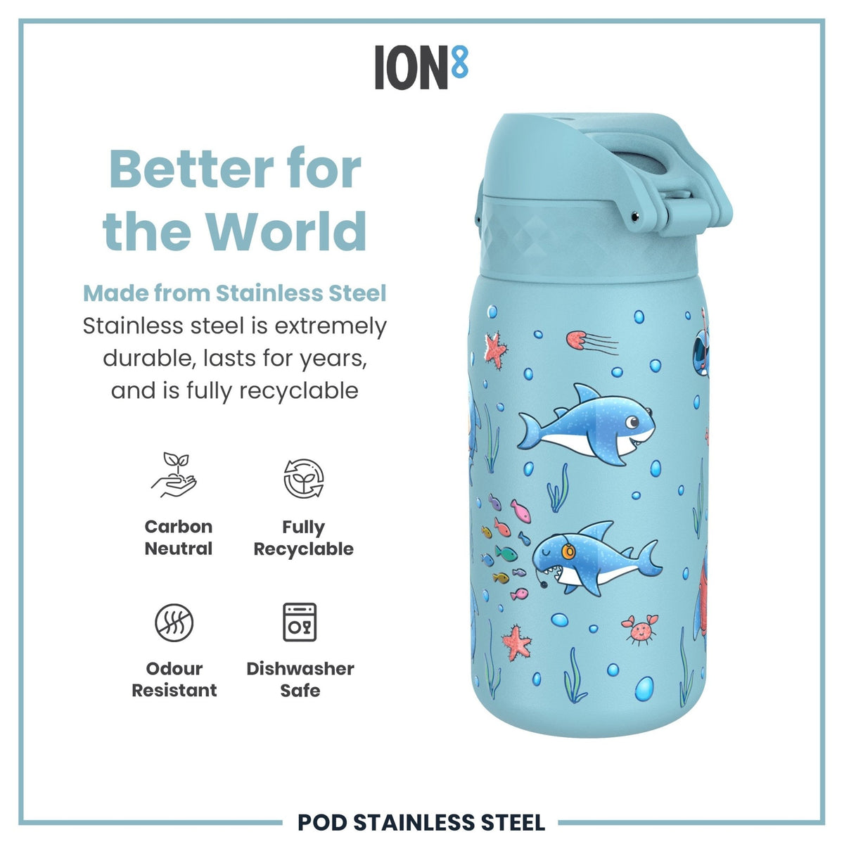 Ion8 stainless steel water bottle featuring shark design, 400ml capacity, leak-proof, ideal for kids' durable steel water bottles.