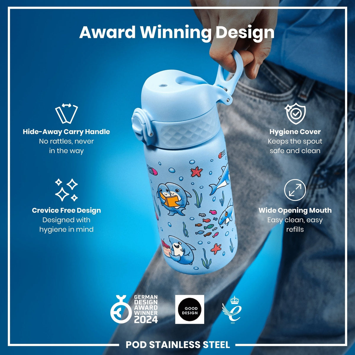 Ion8 stainless steel water bottle featuring shark design, 400ml capacity, leak-proof, durable kids' steel water bottle.