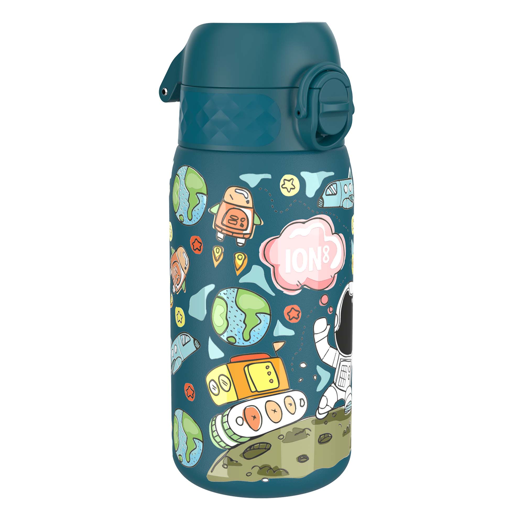 ION8 stainless steel leak-proof kids water bottle with space design, 400ml (13oz), durable and fun for children.