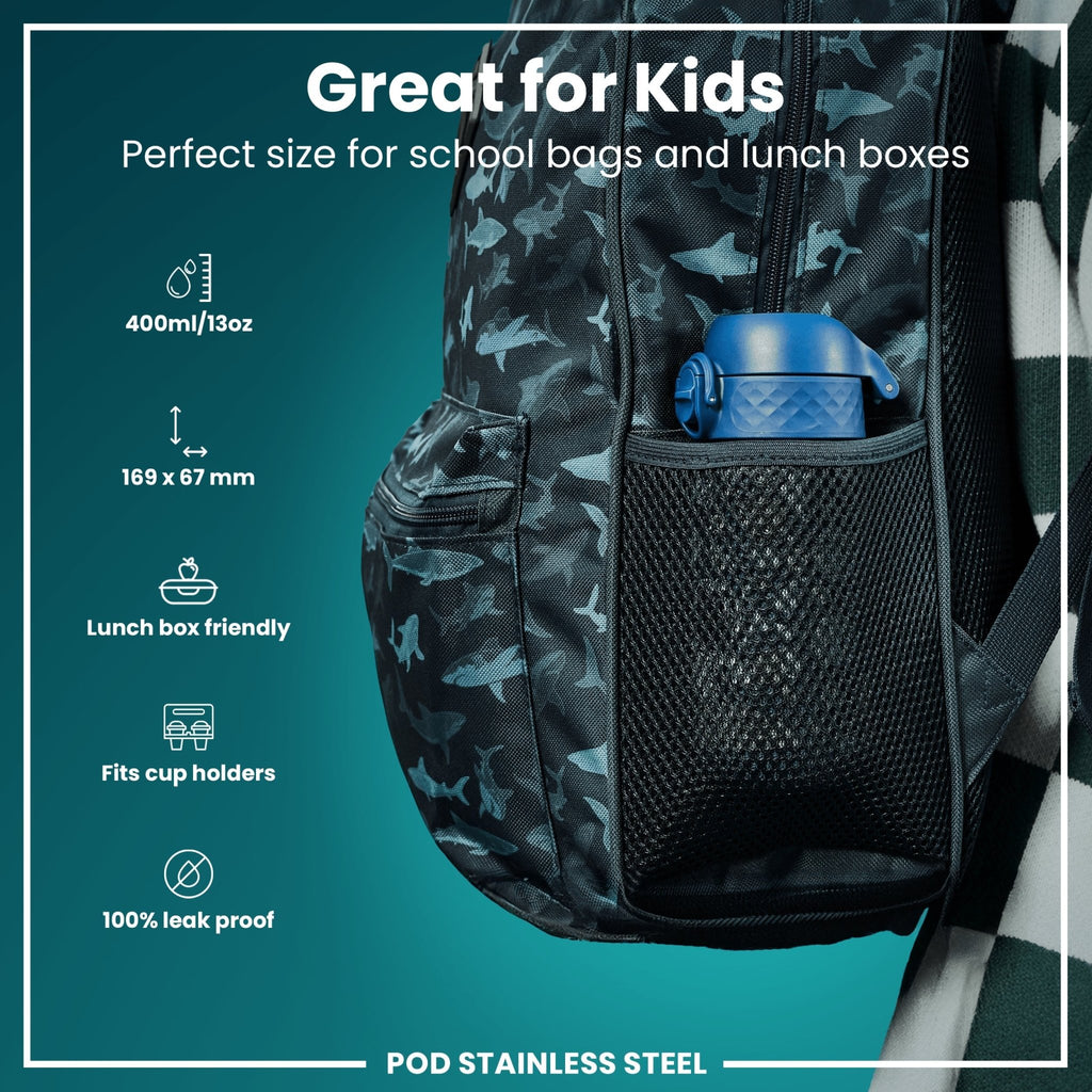 ION8 stainless steel water bottle, 400ml space-themed design, leak-proof kids' steel bottle with secure lid.