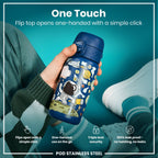 Ion8 stainless steel space-themed water bottle, 400ml leak-proof kids' water bottle in sleek steel design.