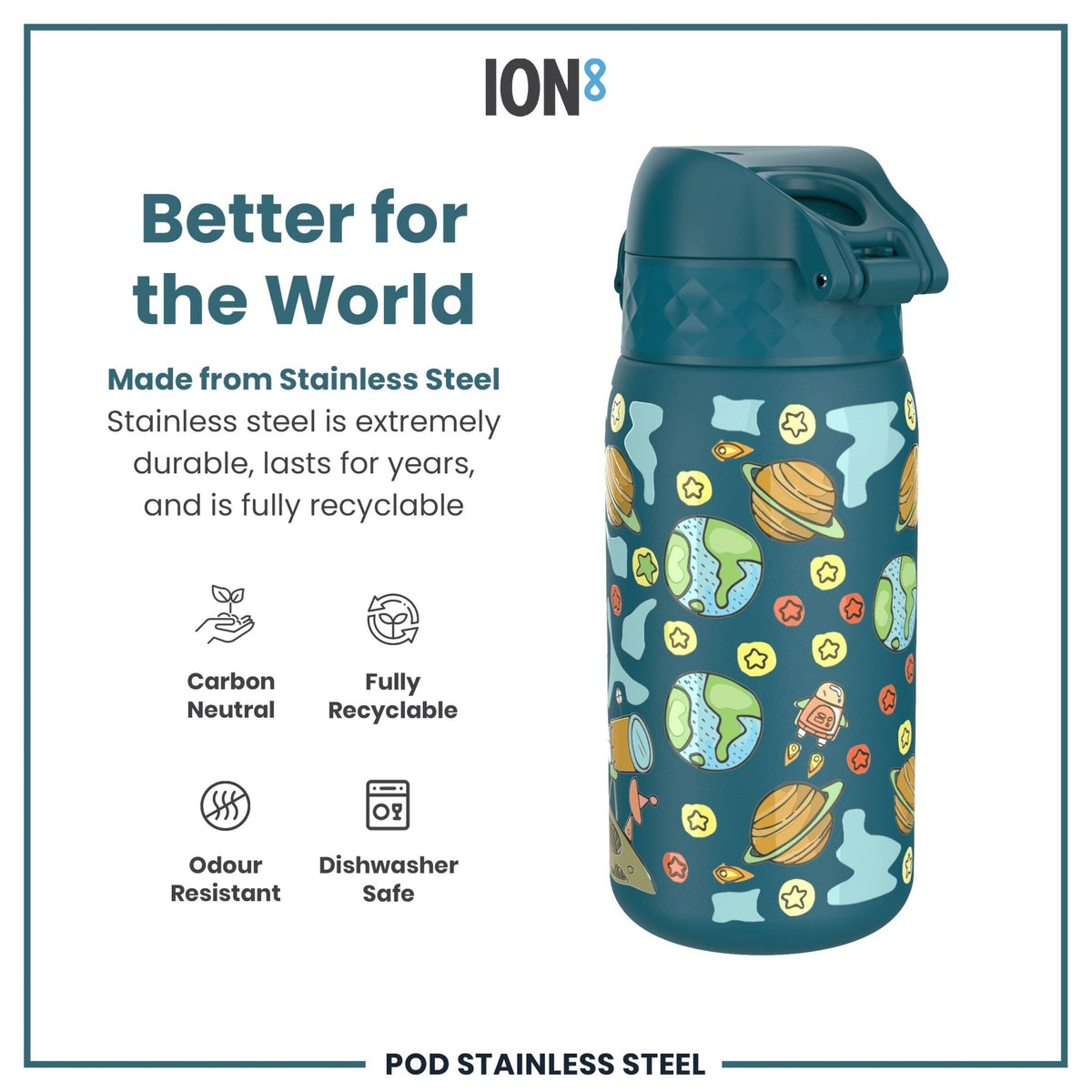 Ion8 stainless steel water bottle, 400ml space-themed design, leak-proof kid's water bottle, durable and insulated.