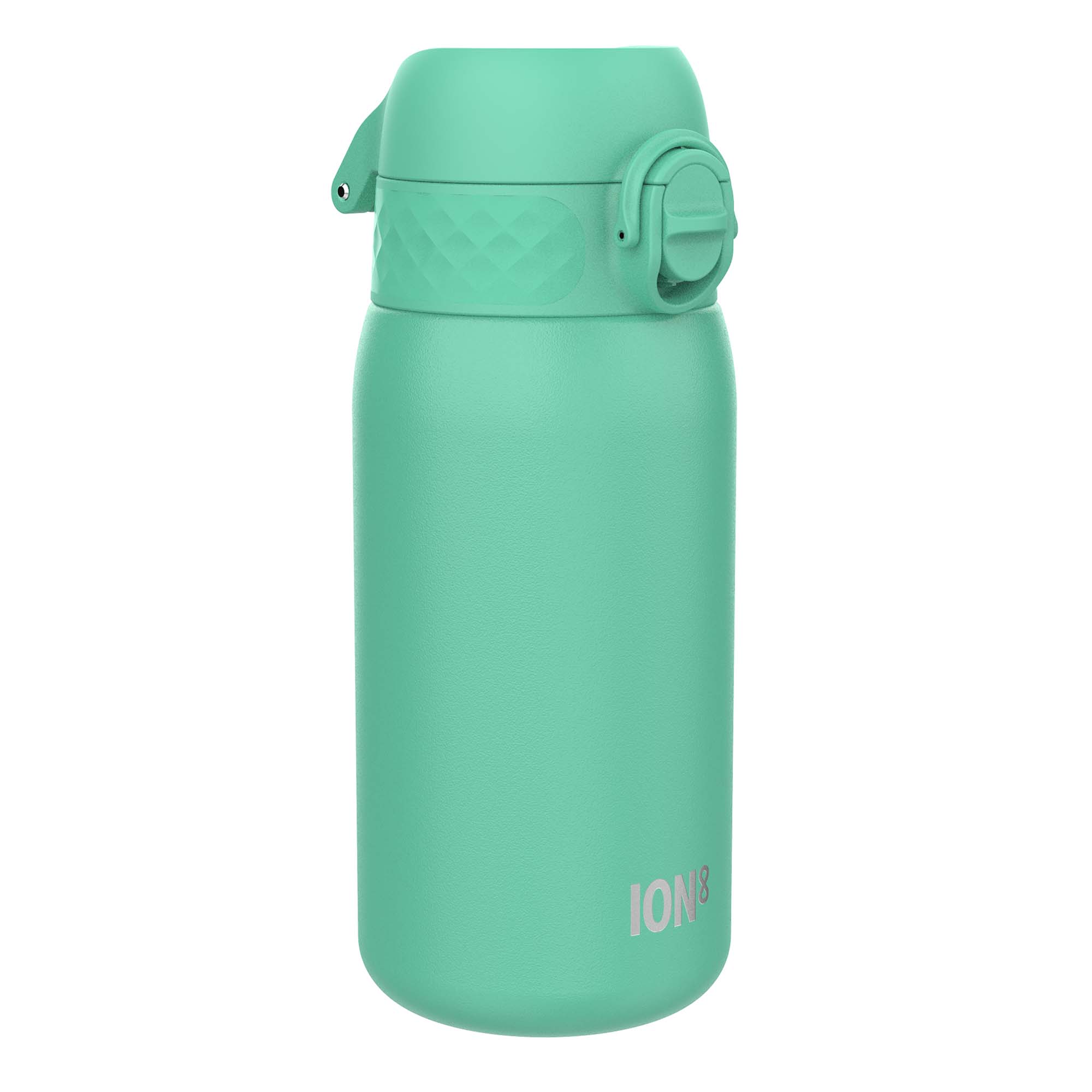 ION8 leak-proof kids water bottle in teal, 400ml stainless steel design with a secure lid for children.