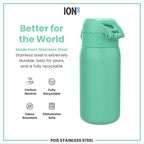 Ion8 stainless steel water bottle in teal, 400ml, leak-proof kids' water bottle with durable design and secure lid.
