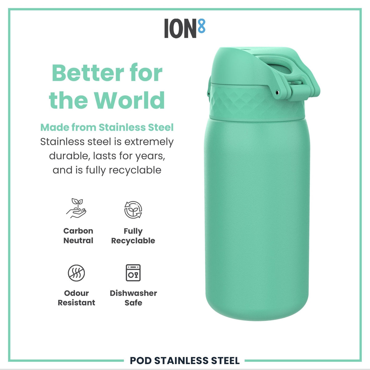 Ion8 stainless steel water bottle in teal, 400ml, leak-proof kids' water bottle with durable design and secure lid.
