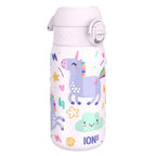 ION8 stainless steel water bottle with unicorn design, 400ml capacity, leak-proof kids' steel water bottle.