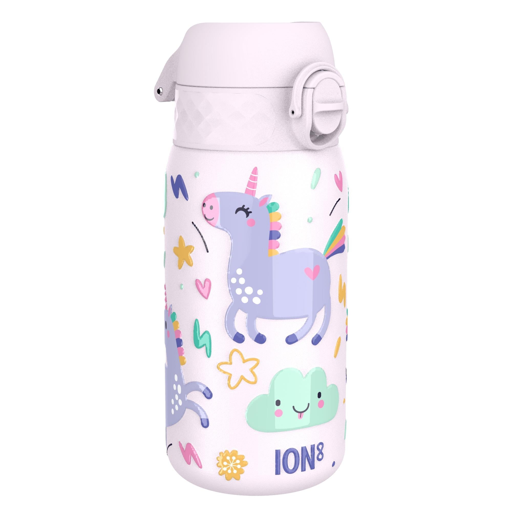 Ion8 stainless steel leak-proof kids water bottle featuring colorful unicorn design and 400ml capacity.