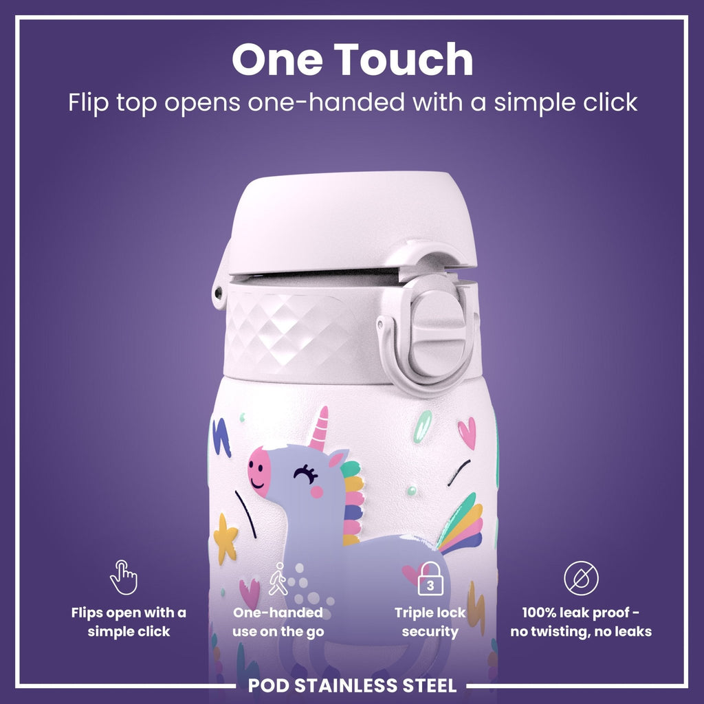ION8 stainless steel water bottle with unicorn design, 400ml capacity, leak-proof kids' steel water bottle, durable and reusable.